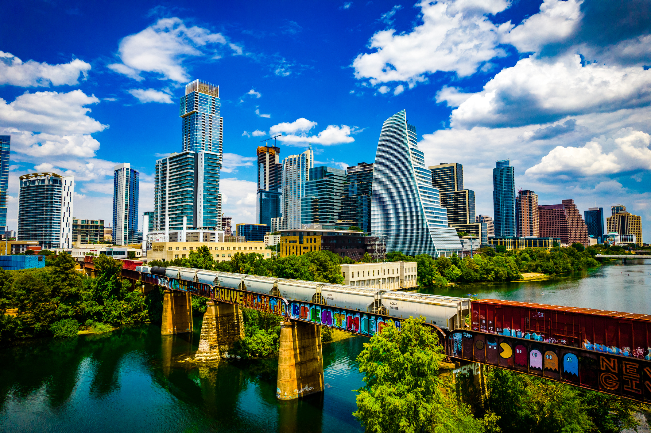 Austin , Texas , USA - September 1st 2022: Aerial Drone View over Austin during a Gorgeous Day along the Colorado River or Lady Bird Lake with a perfect Futuristic Skyline Background