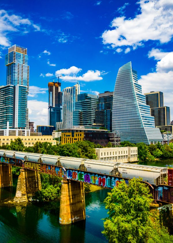 Austin , Texas , USA - September 1st 2022: Aerial Drone View over Austin during a Gorgeous Day along the Colorado River or Lady Bird Lake with a perfect Futuristic Skyline Background